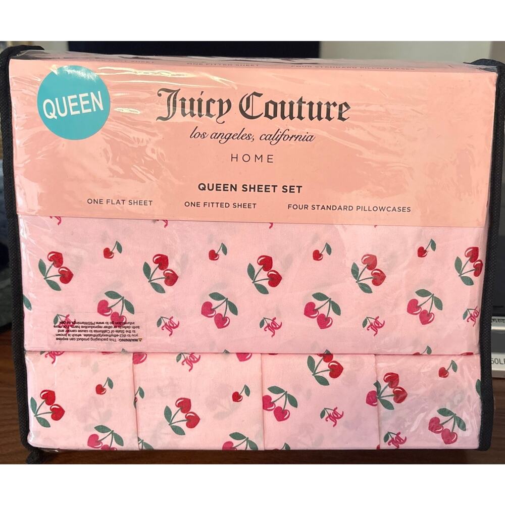 New Juicy Couture Home Queen Sheet Set Cherry JC Monogram Pink Red Bedsheets
